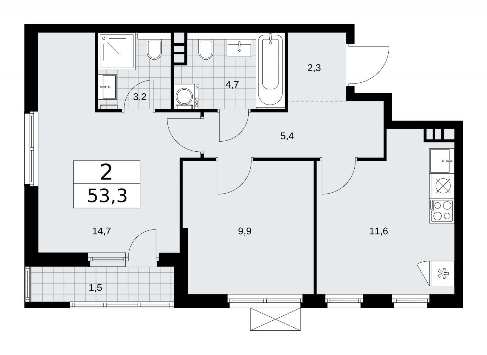 2-комнатная квартира без отделки, 53.3 м2, 3 этаж, сдача 1 квартал 2026 г., ЖК Прокшино, корпус 11.2.1 - объявление 2269768 - фото №1