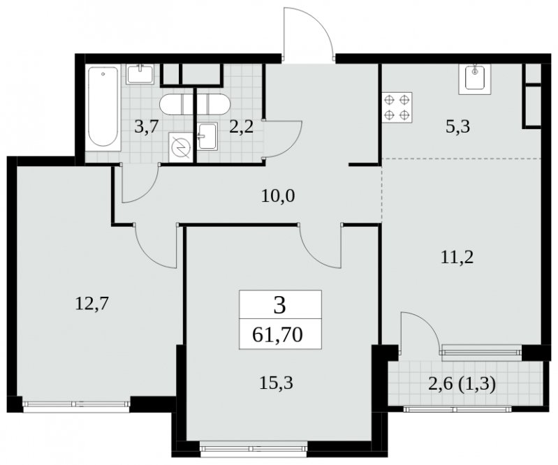 3-комнатная квартира (евро) без отделки, 61.7 м2, 12 этаж, сдача 2 квартал 2025 г., ЖК Южные сады, корпус 2.4 - объявление 1760464 - фото №1