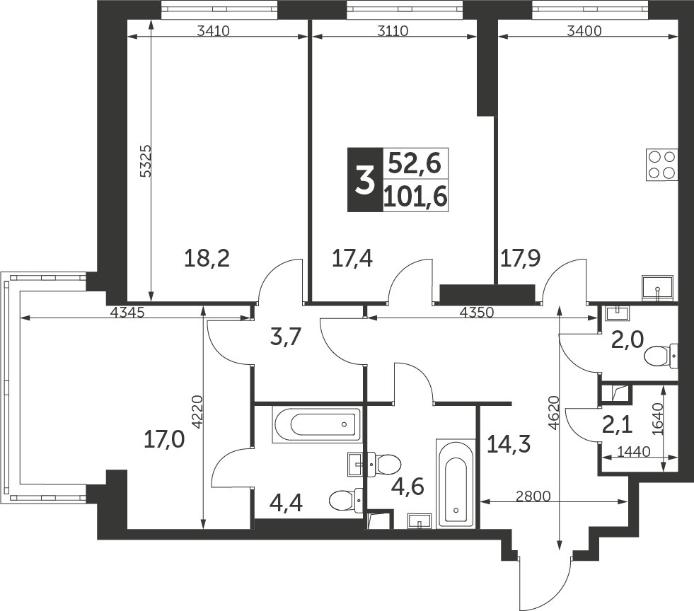 3-комнатная квартира с частичной отделкой, 101.6 м2, 21 этаж, дом сдан, ЖК Архитектор, корпус 1 - объявление 2350391 - фото №1