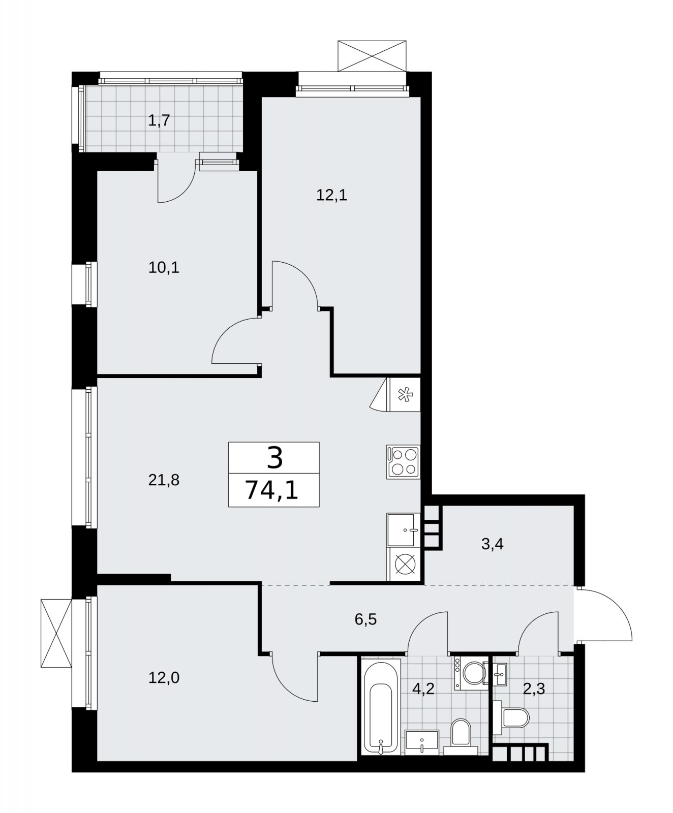 3-комнатная квартира без отделки, 74.1 м2, 5 этаж, сдача 1 квартал 2026 г., ЖК Дзен-кварталы, корпус 4.3 - объявление 2251706 - фото №1
