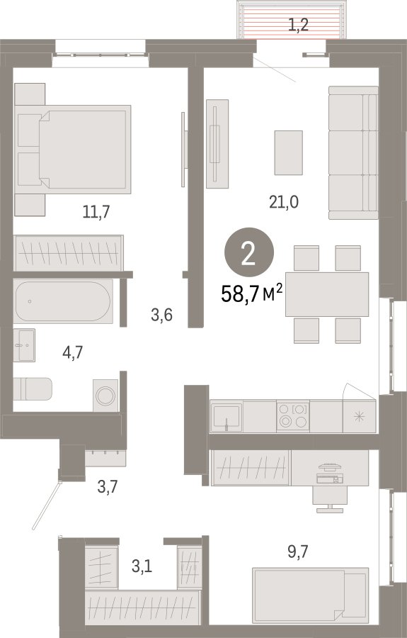 2-комнатная квартира с частичной отделкой, 58.7 м2, 9 этаж, сдача 3 квартал 2026 г., ЖК Квартал Метроном, корпус 1 - объявление 2358220 - фото №1