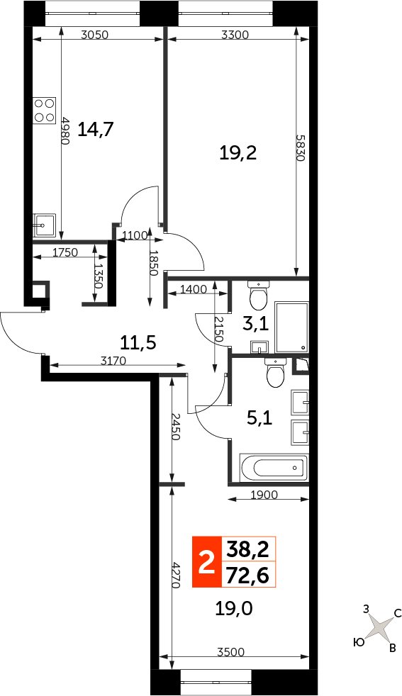 2-комнатная квартира с частичной отделкой, 72.6 м2, 3 этаж, дом сдан, ЖК Sydney City, корпус 2.1 - объявление 2425044 - фото №1