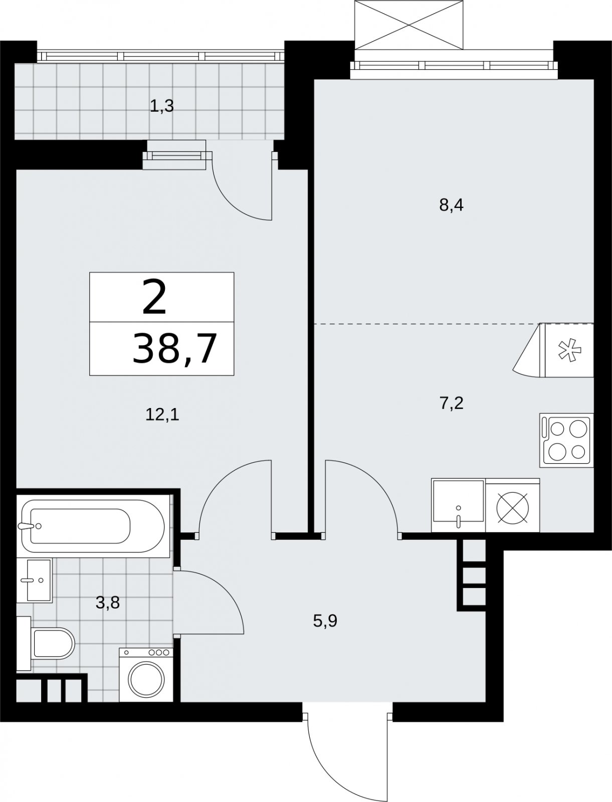 2-комнатная квартира (евро) с частичной отделкой, 38.7 м2, 4 этаж, сдача 2 квартал 2026 г., ЖК Бунинские кварталы, корпус 5.1 - объявление 2297200 - фото №1