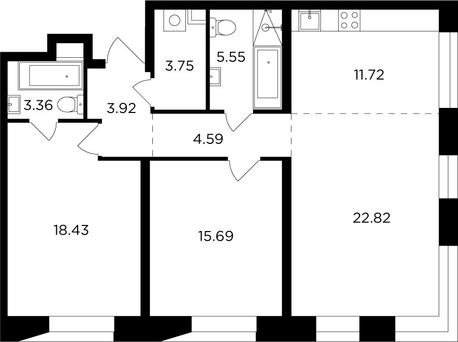 3-комнатная квартира без отделки, 90.05 м2, 12 этаж, дом сдан, ЖК FORIVER, корпус 3 - объявление 2278901 - фото №1