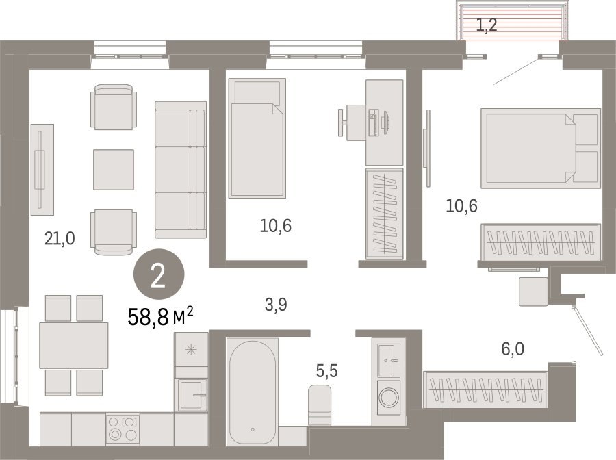 2-комнатная квартира с частичной отделкой, 58.8 м2, 14 этаж, сдача 3 квартал 2026 г., ЖК Квартал Метроном, корпус 1 - объявление 2300680 - фото №1