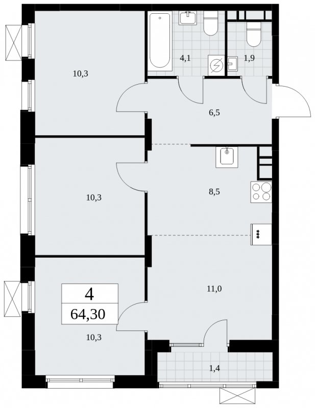 4-комнатная квартира (евро) с частичной отделкой, 64.3 м2, 6 этаж, сдача 3 квартал 2025 г., ЖК Дзен-кварталы, корпус 2.2 - объявление 1932392 - фото №1