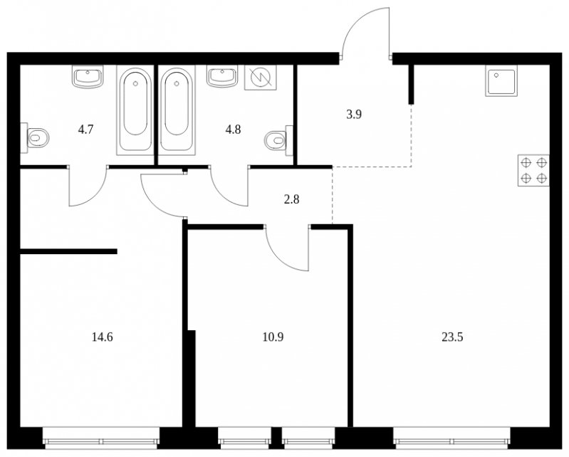 2-комнатная квартира с полной отделкой, 65.2 м2, 13 этаж, сдача 3 квартал 2023 г., ЖК Кронштадтский 9, корпус 1.1 - объявление 1656208 - фото №1