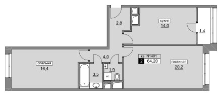2-комнатная квартира без отделки, 64.2 м2, 12 этаж, сдача 4 квартал 2022 г., ЖК Румянцево-Парк, корпус 3 - объявление 1933395 - фото №1