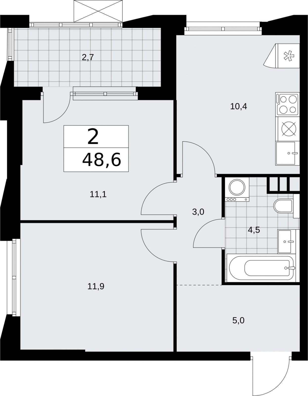 2-комнатная квартира без отделки, 48.6 м2, 4 этаж, сдача 2 квартал 2026 г., ЖК Бунинские кварталы, корпус 5.2 - объявление 2297326 - фото №1
