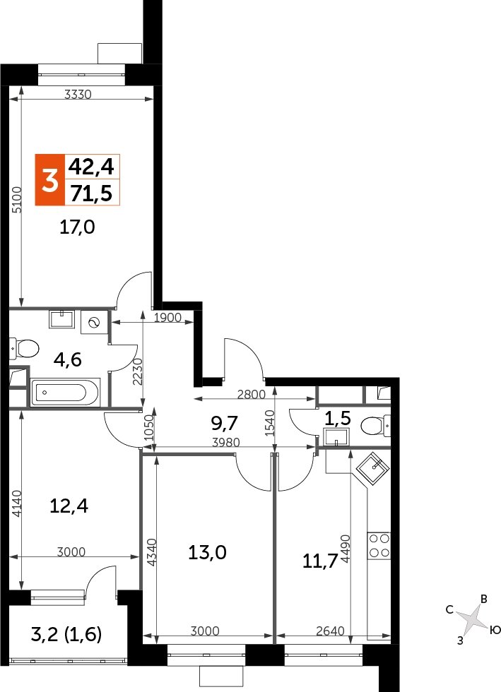 3-комнатная квартира без отделки, 71.6 м2, 9 этаж, дом сдан, ЖК Датский квартал, корпус 2 - объявление 2335587 - фото №1