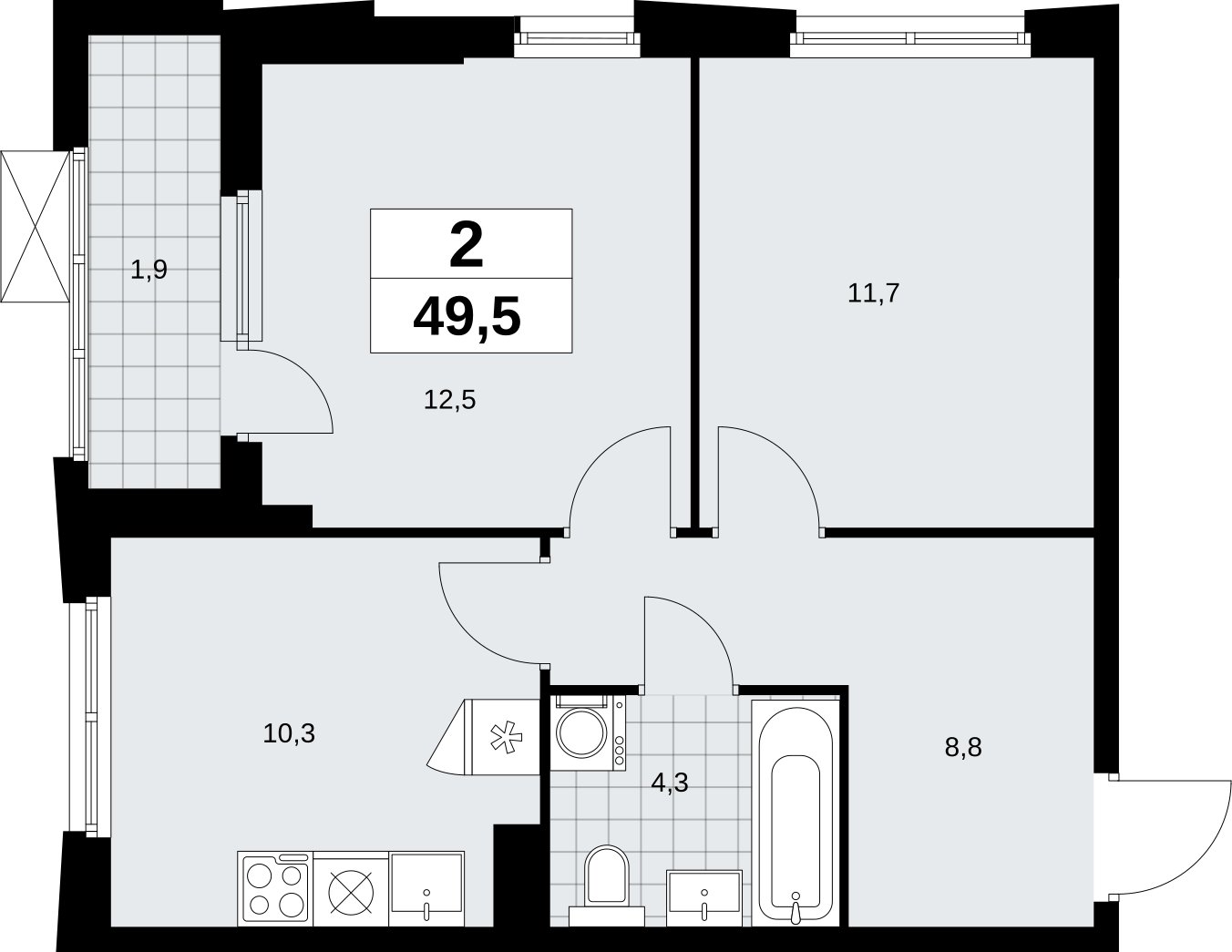 2-комнатная квартира без отделки, 49.5 м2, 3 этаж, сдача 1 квартал 2026 г., ЖК Дзен-кварталы, корпус 6.2.2 - объявление 2328629 - фото №1