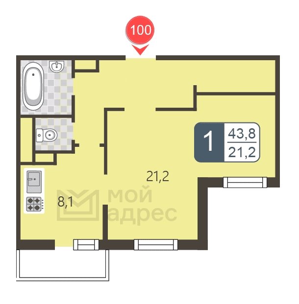 1-комнатная квартира с полной отделкой, 43.8 м2, 4 этаж, дом сдан, ЖК мой адрес В Зеленограде, корпус 2044 - объявление 1745260 - фото №1