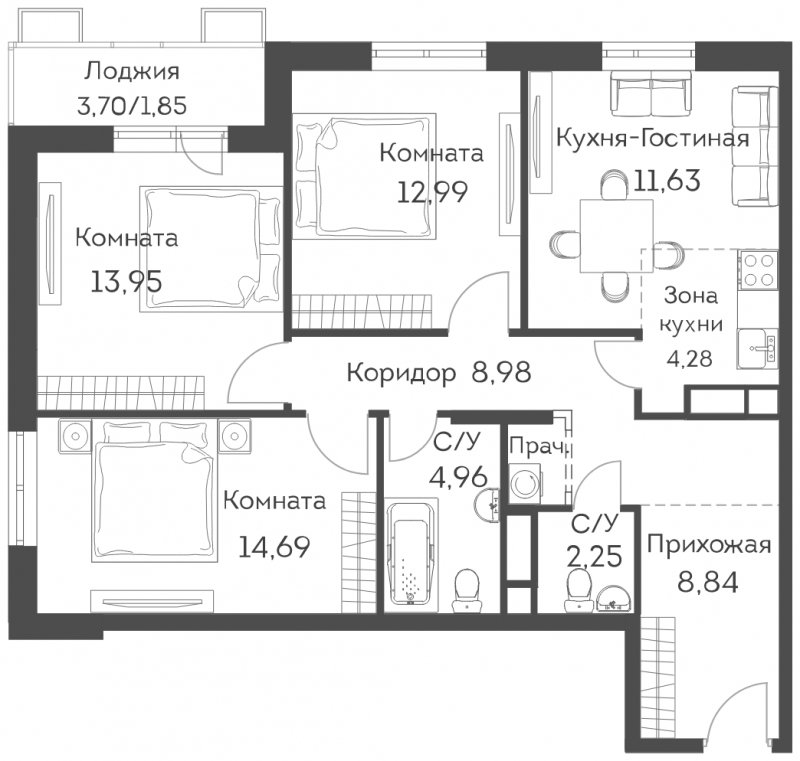 4-комнатная квартира (евро) с частичной отделкой, 84.42 м2, 18 этаж, сдача 2 квартал 2022 г., ЖК Аквилон Митино, корпус 1 - объявление 1478521 - фото №1