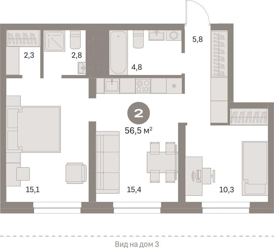 2-комнатная квартира с частичной отделкой, 56.49 м2, 2 этаж, сдача 1 квартал 2025 г., ЖК Первый квартал, корпус 5 - объявление 2334912 - фото №1