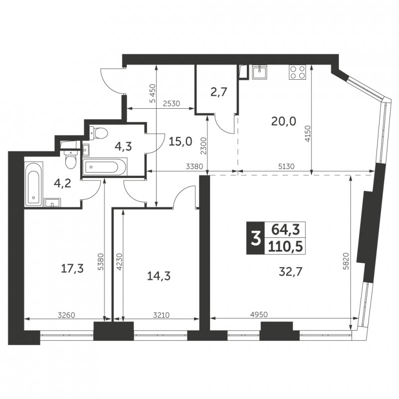 3-комнатная квартира с частичной отделкой, 110.5 м2, 34 этаж, сдача 4 квартал 2023 г., ЖК Архитектор, корпус 3 - объявление 1659689 - фото №1