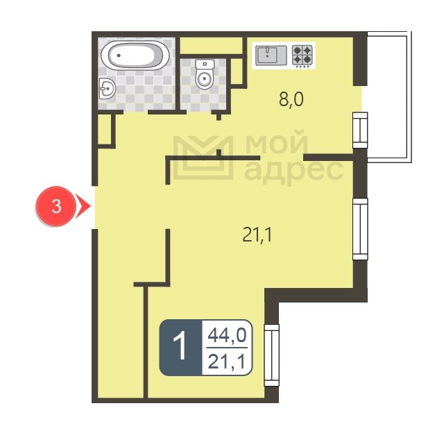 1-комнатная квартира без отделки, 44 м2, 2 этаж, дом сдан, ЖК мой адрес В Зеленограде, корпус 2044 - объявление 1745196 - фото №1