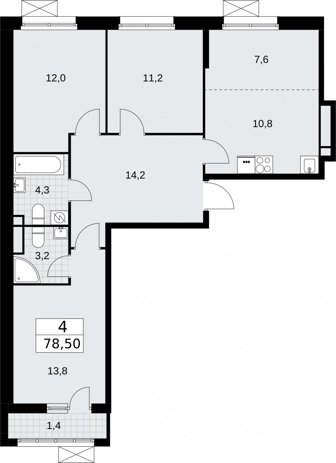 4-комнатная квартира (евро) без отделки, 78.5 м2, 4 этаж, сдача 3 квартал 2026 г., ЖК Родные кварталы, корпус 2 - объявление 2295533 - фото №1