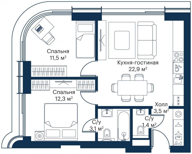 2-комнатная квартира с частичной отделкой, 54.7 м2, 8 этаж, сдача 4 квартал 2023 г., ЖК City Bay, корпус Atlantic Ocean 2 - объявление 1645458 - фото №1