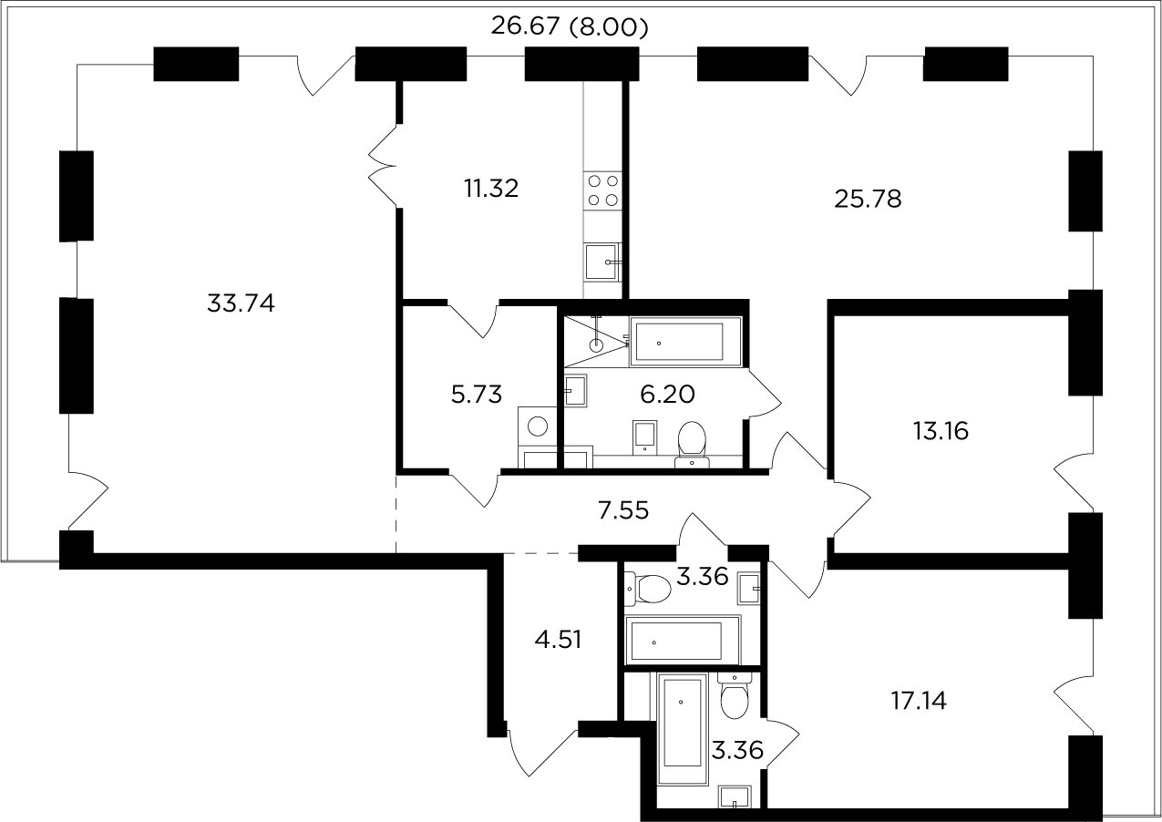4-комнатная квартира без отделки, 139.85 м2, 14 этаж, сдача 4 квартал 2023 г., ЖК FORIVER, корпус 3 - объявление 2127247 - фото №1