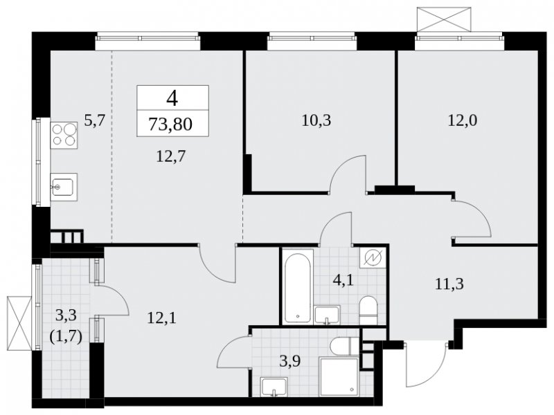 4-комнатная квартира (евро) с частичной отделкой, 73.8 м2, 3 этаж, сдача 2 квартал 2025 г., ЖК Прокшино, корпус 5.2.6 - объявление 1901008 - фото №1