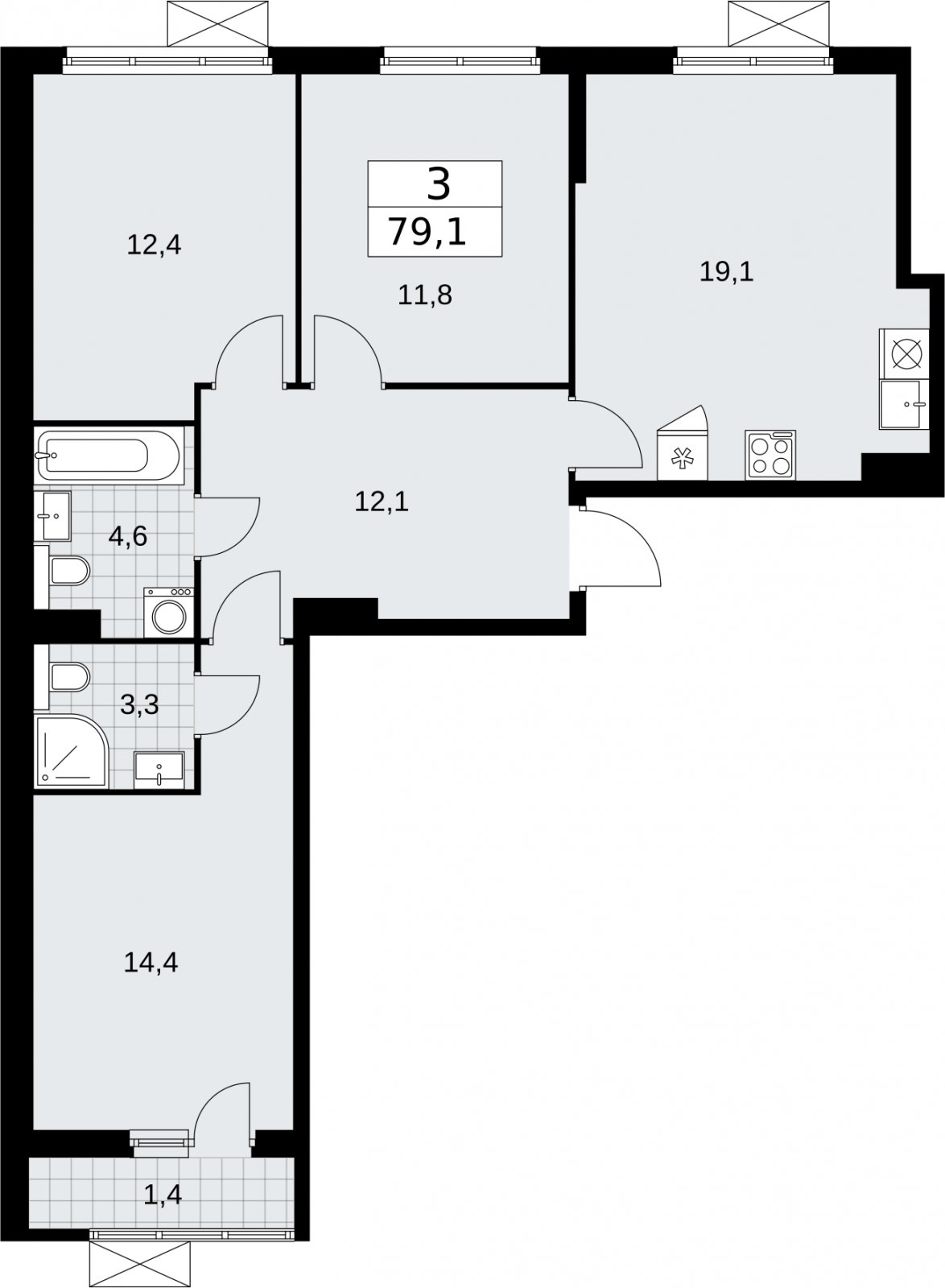3-комнатная квартира без отделки, 79.1 м2, 5 этаж, сдача 2 квартал 2026 г., ЖК Бунинские кварталы, корпус 7.3 - объявление 2313953 - фото №1