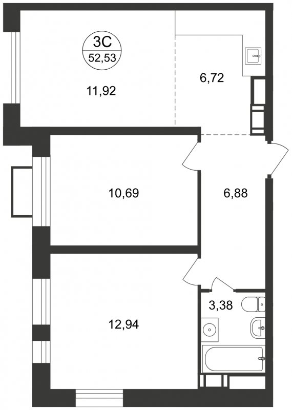 3-комнатная квартира (евро) с полной отделкой, 52.53 м2, 11 этаж, сдача 1 квартал 2023 г., ЖК Люберцы, корпус 61 - объявление 1490116 - фото №1