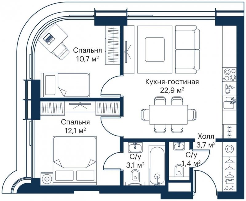 2-комнатная квартира с частичной отделкой, 53.9 м2, 22 этаж, сдача 4 квартал 2023 г., ЖК City Bay, корпус Atlantic Ocean 1 - объявление 1710921 - фото №1