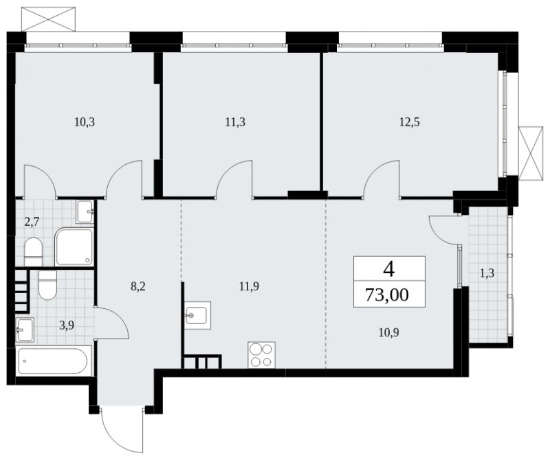 4-комнатная квартира с частичной отделкой, 73 м2, 4 этаж, сдача 4 квартал 2024 г., ЖК Скандинавия, корпус 35.1.2 - объявление 1779447 - фото №1