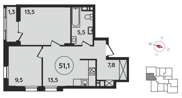 2-комнатная квартира с полной отделкой, 51.1 м2, 10 этаж, сдача 1 квартал 2023 г., ЖК Прокшино, корпус 1.3 - объявление 1744798 - фото №1