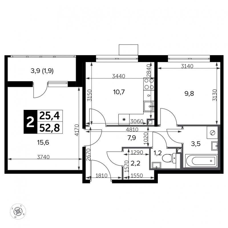 2-комнатная квартира с частичной отделкой, 52.8 м2, 8 этаж, сдача 3 квартал 2023 г., ЖК Южная Битца, корпус 11 - объявление 1818407 - фото №1