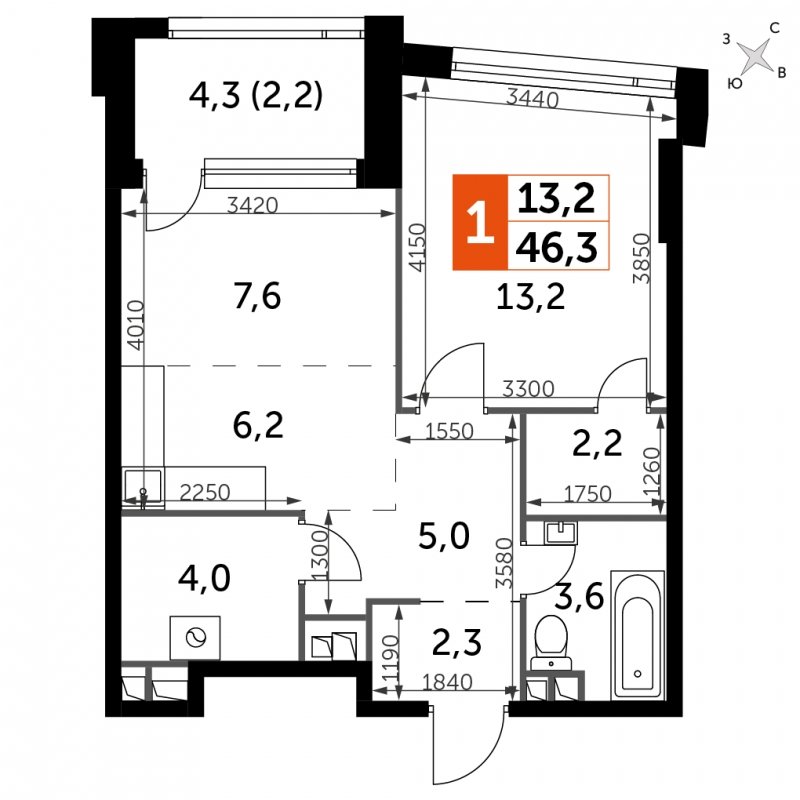 1-комнатная квартира с частичной отделкой, 46.3 м2, 6 этаж, сдача 4 квартал 2024 г., ЖК ROTTERDAM, корпус 2.1 - объявление 1662028 - фото №1