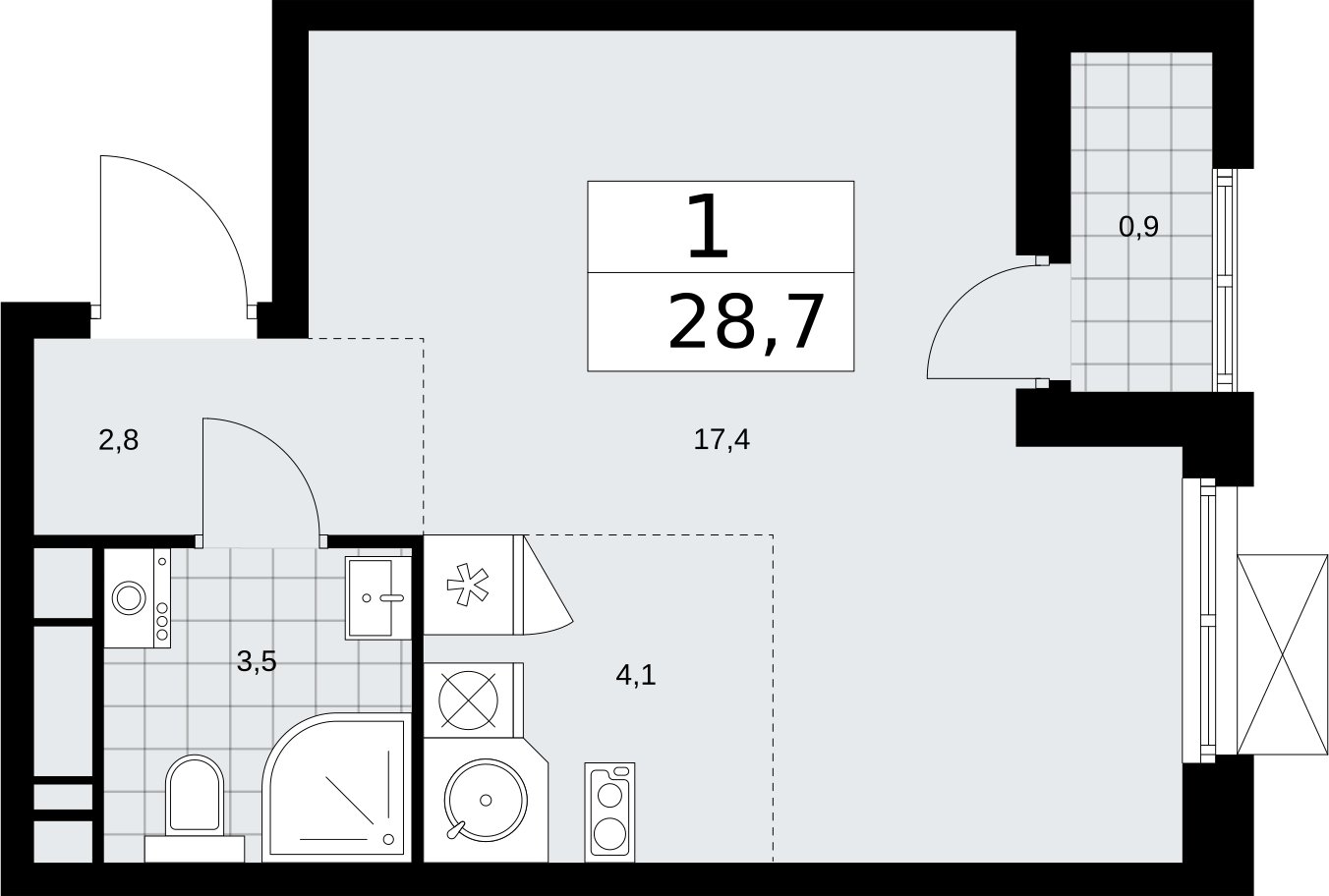 Студия с частичной отделкой, 28.7 м2, 16 этаж, сдача 2 квартал 2026 г., ЖК Бунинские кварталы, корпус 5.1 - объявление 2297084 - фото №1