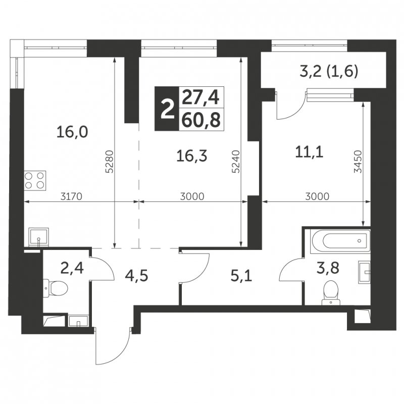2-комнатная квартира с частичной отделкой, 60.8 м2, 11 этаж, сдача 4 квартал 2023 г., ЖК Архитектор, корпус 3 - объявление 1947751 - фото №1
