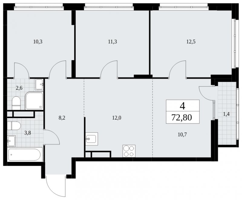 4-комнатная квартира с частичной отделкой, 72.8 м2, 11 этаж, сдача 4 квартал 2024 г., ЖК Скандинавия, корпус 36.2.1 - объявление 1779888 - фото №1
