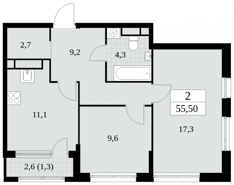 2-комнатная квартира с частичной отделкой, 55.5 м2, 22 этаж, сдача 2 квартал 2025 г., ЖК Южные сады, корпус 2.1 - объявление 1760044 - фото №1