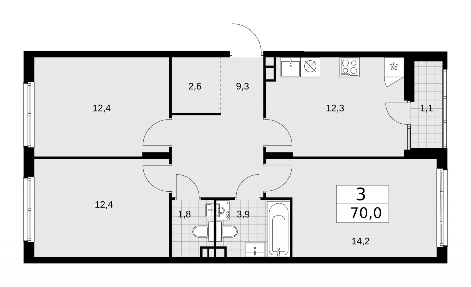 3-комнатная квартира с полной отделкой, 70 м2, 9 этаж, сдача 2 квартал 2026 г., ЖК Деснаречье, корпус 4.7 - объявление 2264872 - фото №1