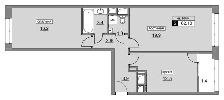 2-комнатная квартира без отделки, 62.1 м2, 12 этаж, сдача 4 квартал 2022 г., ЖК Румянцево-Парк, корпус 3 - объявление 1186293 - фото №1