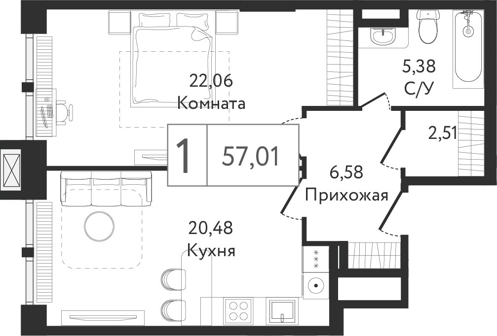 1-комнатная квартира без отделки, 57.01 м2, 3 этаж, сдача 3 квартал 2023 г., ЖК Dream Towers, корпус 1 - объявление 2261183 - фото №1