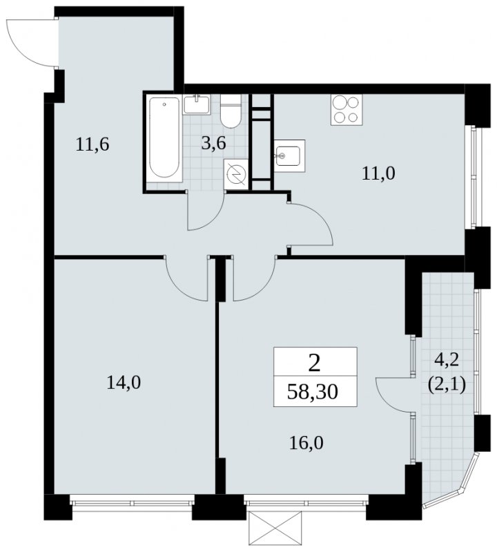 2-комнатная квартира с частичной отделкой, 58.3 м2, 16 этаж, сдача 2 квартал 2025 г., ЖК Скандинавия, корпус 2.27.1 - объявление 1840302 - фото №1