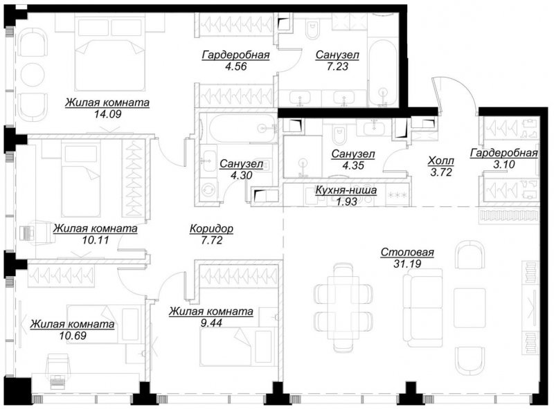 4-комнатная квартира с частичной отделкой, 112.09 м2, 47 этаж, сдача 4 квартал 2024 г., ЖК MOD, корпус Mod.D - объявление 1788573 - фото №1