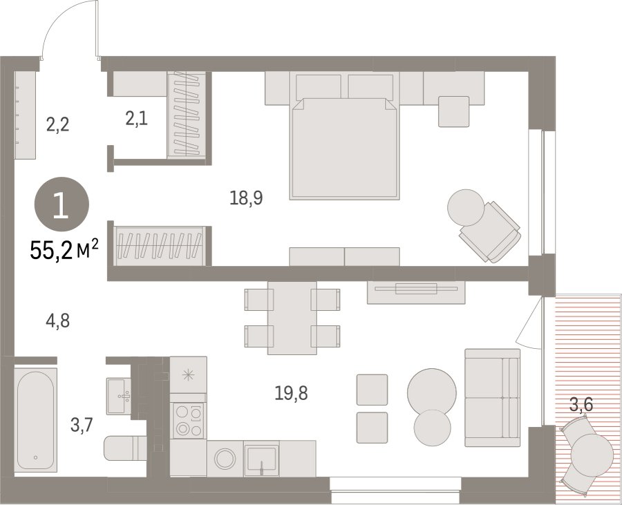1-комнатная квартира с частичной отделкой, 55.15 м2, 9 этаж, сдача 1 квартал 2025 г., ЖК Первый квартал, корпус 5 - объявление 2310613 - фото №1