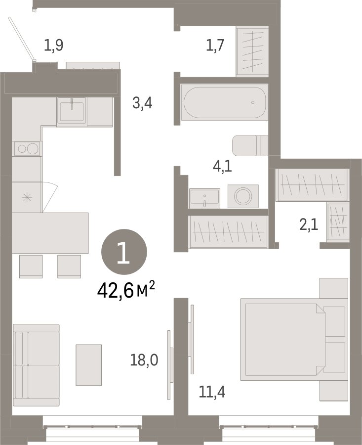 1-комнатная квартира 42.6 м2, 2 этаж, сдача 3 квартал 2026 г., ЖК Квартал Метроном, корпус 1 - объявление 2330883 - фото №1