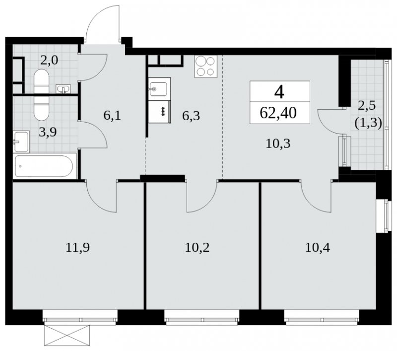 4-комнатная квартира (евро) с полной отделкой, 62.4 м2, 4 этаж, сдача 3 квартал 2024 г., ЖК Прокшино, корпус 6.4 - объявление 1663111 - фото №1