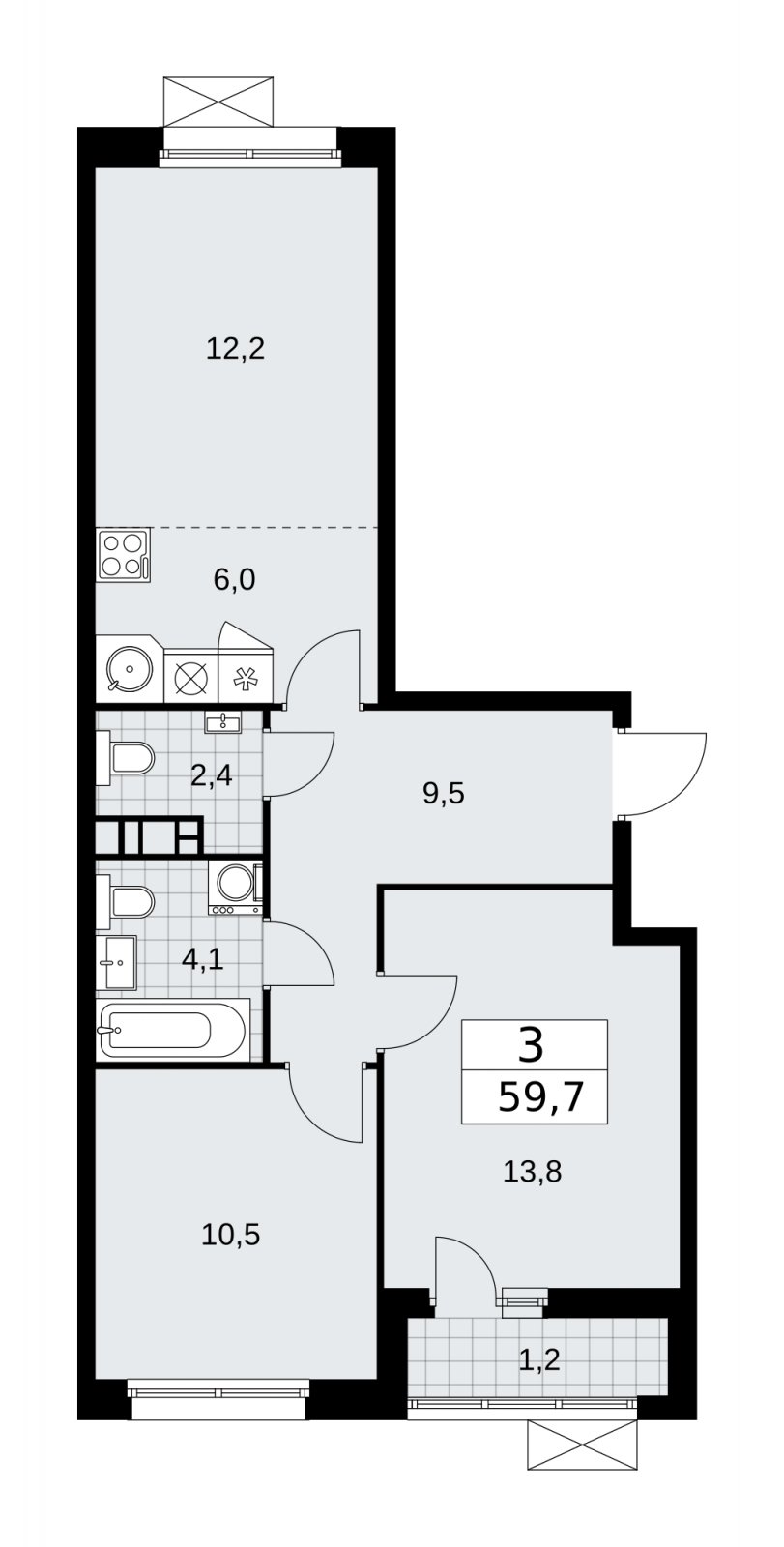 3-комнатная квартира (евро) без отделки, 59.7 м2, 5 этаж, сдача 2 квартал 2026 г., ЖК Скандинавия, корпус 25.4 - объявление 2284191 - фото №1