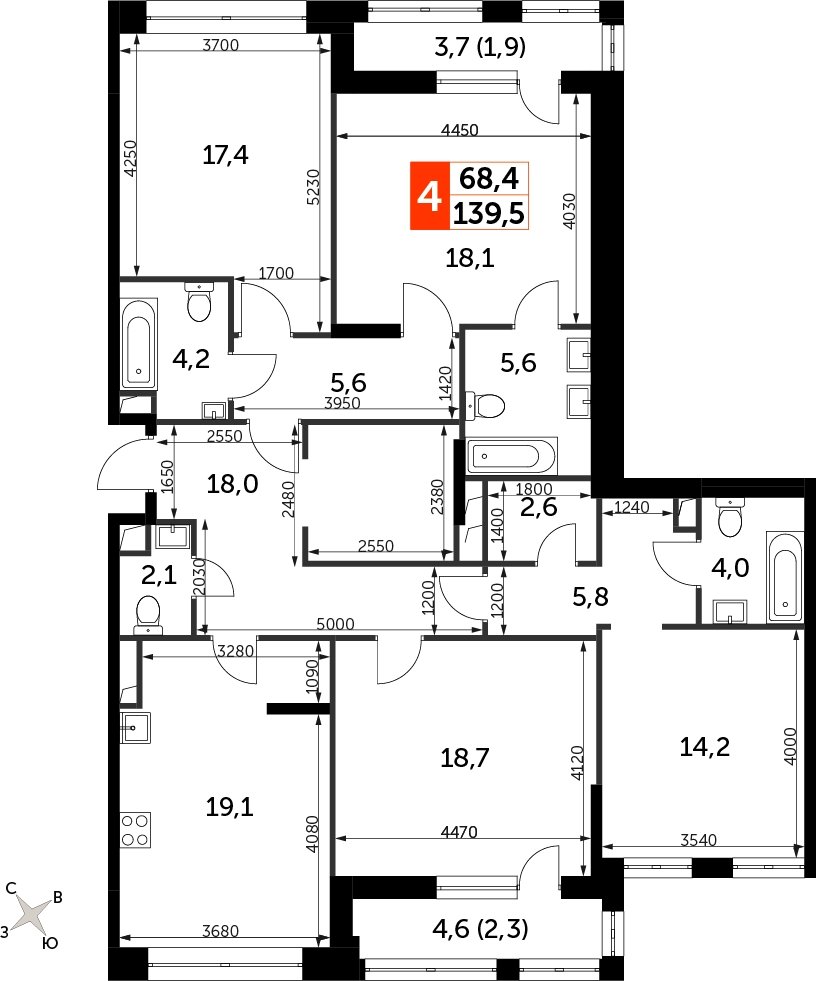 4-комнатная квартира с частичной отделкой, 139.5 м2, 18 этаж, сдача 3 квартал 2024 г., ЖК Sydney City, корпус 2.1 - объявление 2249316 - фото №1