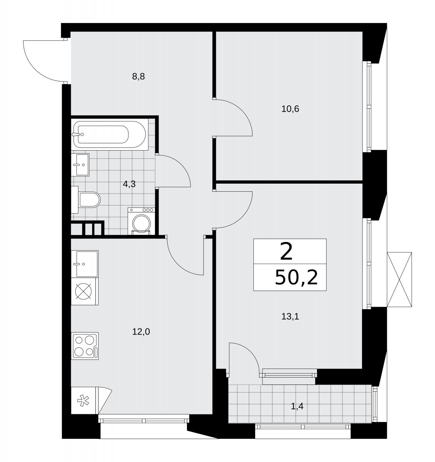 2-комнатная квартира без отделки, 50.2 м2, 4 этаж, сдача 4 квартал 2025 г., ЖК Бунинские кварталы, корпус 6.6 - объявление 2252957 - фото №1