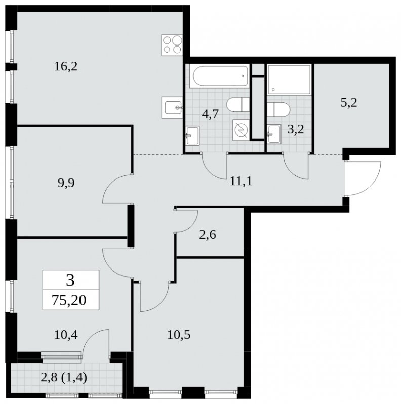 3-комнатная квартира с частичной отделкой, 75.2 м2, 23 этаж, сдача 2 квартал 2025 г., ЖК Южные сады, корпус 2.2 - объявление 1757626 - фото №1