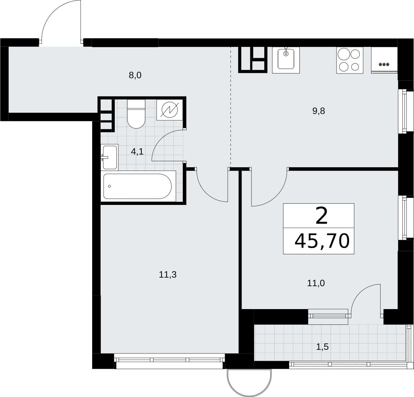 2-комнатная квартира без отделки, 45.7 м2, 3 этаж, сдача 3 квартал 2026 г., ЖК Родные кварталы, корпус 3.1 - объявление 2378181 - фото №1