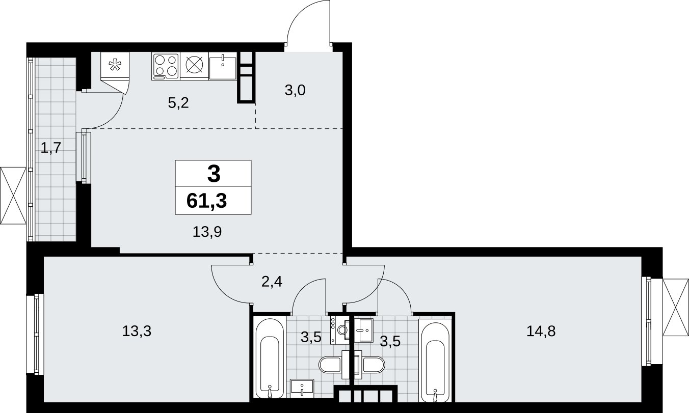 3-комнатная квартира (евро) без отделки, 61.3 м2, 6 этаж, сдача 1 квартал 2027 г., ЖК Прокшино, корпус 7.1.1 - объявление 2421768 - фото №1