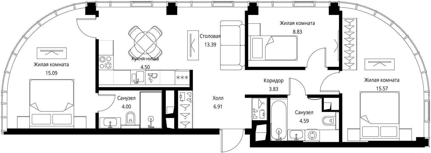 3-комнатная квартира с частичной отделкой, 76.7 м2, 43 этаж, сдача 3 квартал 2026 г., ЖК City Bay, корпус North Ocean 8 - объявление 2332390 - фото №1